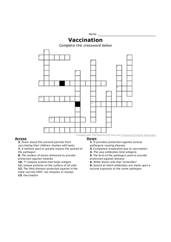 GCSE Biology crosswords NEW specification Chapter 6 Preventing and Treating Disease