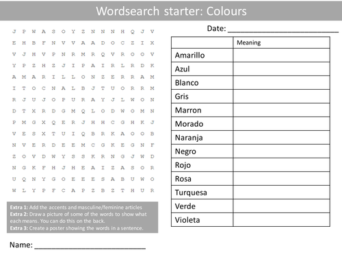 Spanish Colours Wordsearch Crossword Anagrams Keyword Starters Homework Cover Plenary Lesson