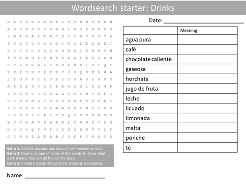 Spanish Drinks Wordsearch Crossword Anagrams Keyword Starters Homework Cover Plenary Lesson