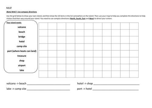 Compass directions - create your own island - (Year 3) differentiated