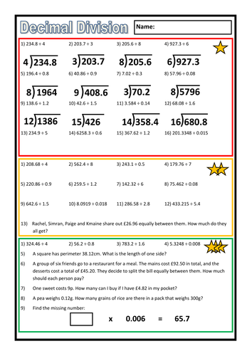 Differentiated Decimal Division Worksheet