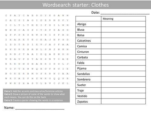 Spanish Clothes Wordsearch Crossword Anagrams Keyword Starters Homework Cover Plenary Lesson