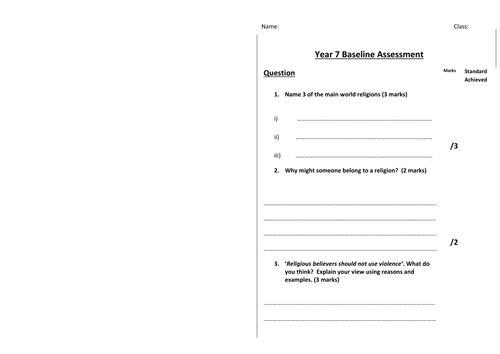 Year 7 Baseline Test for Religious Studies and Mark Scheme