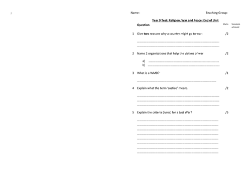 Religion, War and Peace Assessment and Mark Scheme