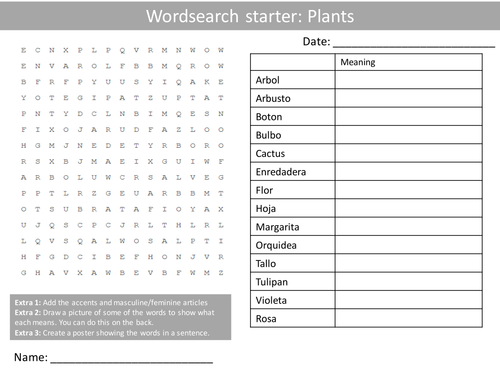 Spanish Plants Wordsearch Crossword Anagrams Keyword Starters Homework Cover Plenary Lesson