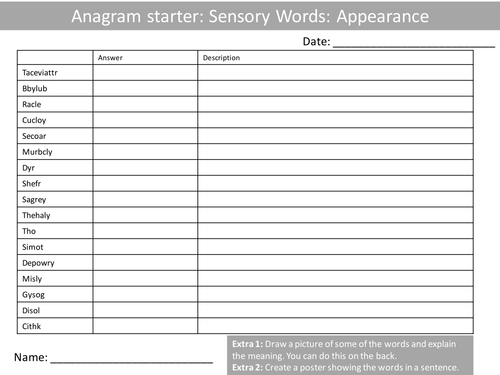 5 x Food Technology Sensory Words Anagram Sheets KS3 GCSE Keyword Starters Cover Homework Plenary