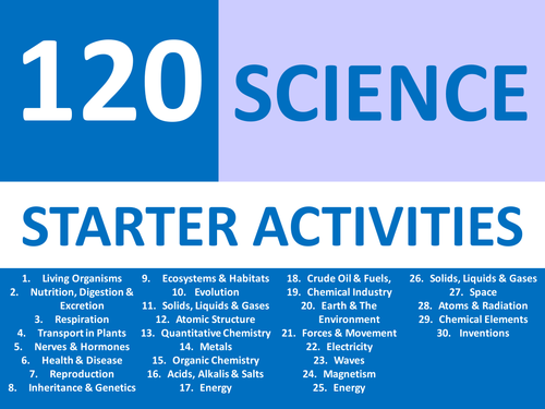 120 Starter Activities Science Chemistry Physics & Biology Keywords KS3 GCSE Cover Plenary Homework
