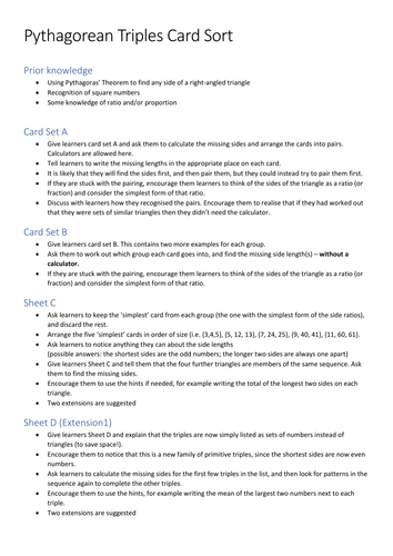 Pythagorean triples discovery card sort