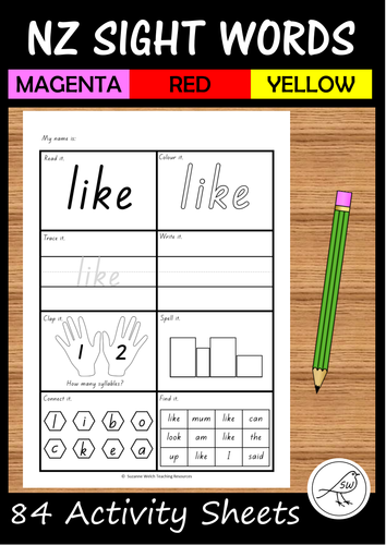 New Zealand Sight Words - Activity Sheets - Magenta, Red, Yellow