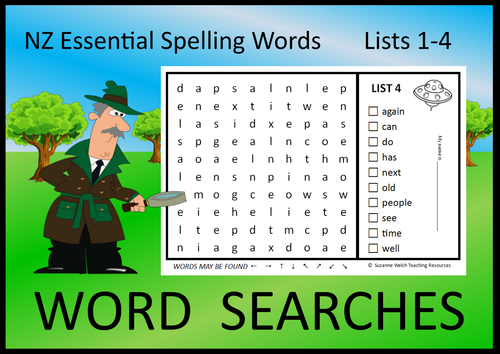 New Zealand Essential Spelling Words (Lists 1-4) - Word Searches