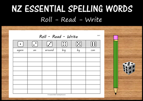 New Zealand Essential Spelling Words - 'Roll, Read, Write' activity
