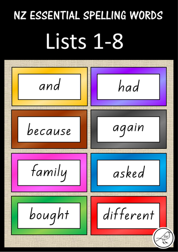 New Zealand Essential Spelling Words (Lists 1-8) - Individual  Word Cards