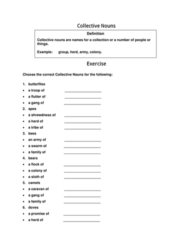 Worksheet of Exercise of Collective Nouns