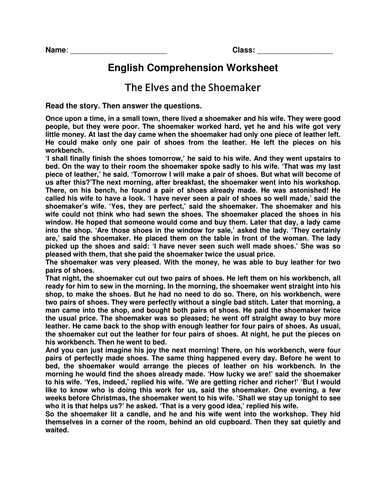 Worksheet of Comprehension 'The Elves and the Shoemaker'