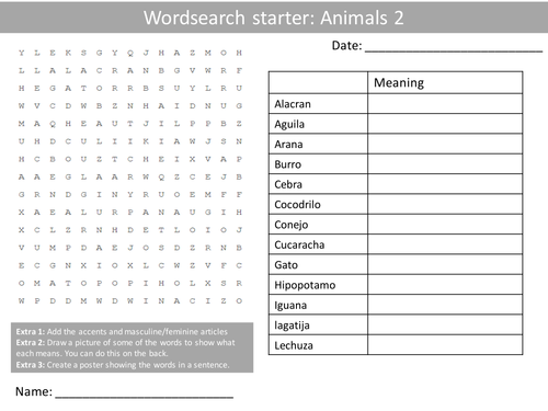 Spanish Animals and Pets 2 Wordsearch Crossword Anagrams Keyword Starters Homework Cover Plenary