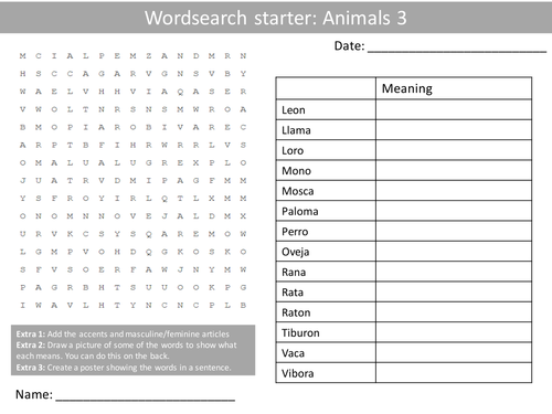 Spanish Animals and Pets 3 Wordsearch Crossword Anagrams Keyword Starters Homework Cover Plenary