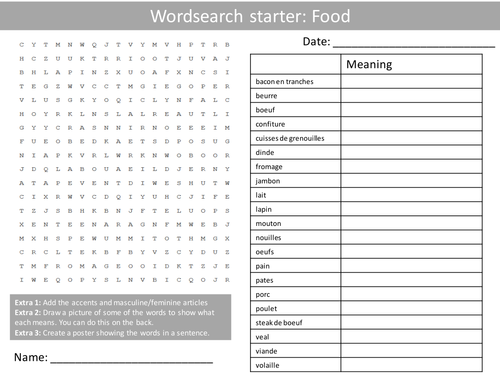 French Food Wordsearch Crossword Anagrams Keyword Starters Homework Cover Plenary Lesson