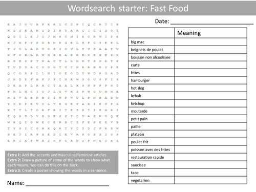 French Fast Food Wordsearch Crossword Anagrams Keyword Starters Homework Cover Plenary Lesson