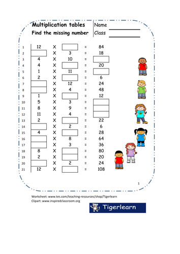 Multiplication (time) tables worksheet/booklet. 5 pages, 105 questions with answers