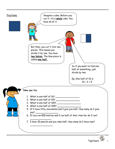 Maths fractions explainer worksheet with simple word questions - clipart version
