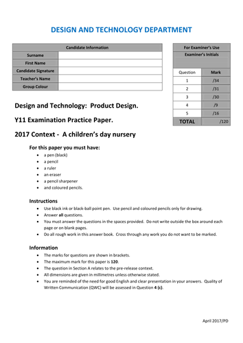 AQA 2017 Nursery Day Centre - Practice Paper - PRODUCT DESIGN