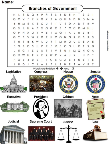 Three Branches Of Government Word Search Teaching Resources