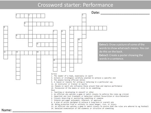10 Crosswords PE Physical Education Keyword Starters Crossword Homework or Cover Plenary Lesson