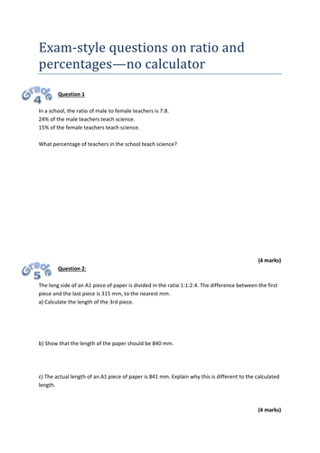 GCSE 9-1 Maths exam style questions on problem-solving with ratio and percentages