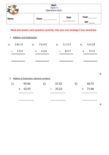 4 operations homework year 4