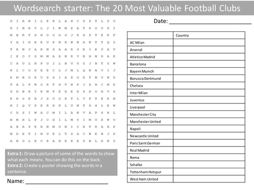 PE Football Clubs Keywords GCSE Starter Activities Wordsearch, Anagrams Alphabet Crossword Cover