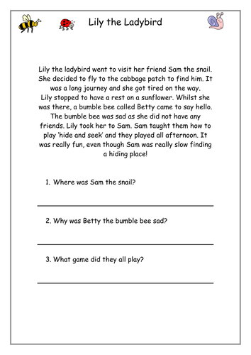 year 1 differentiated mini beast comprehension key word