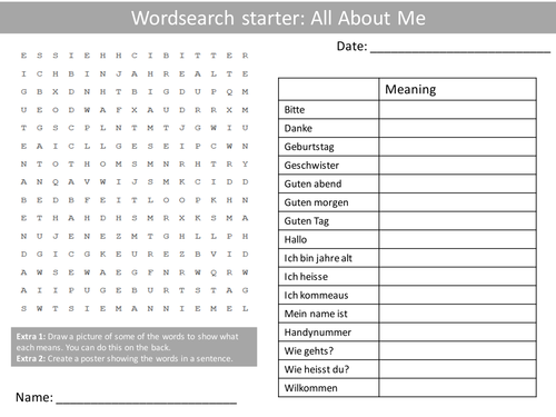 German About Me Keywords KS3 GCSE Starter Activities Wordsearch, Anagrams Alphabet Crossword Cover
