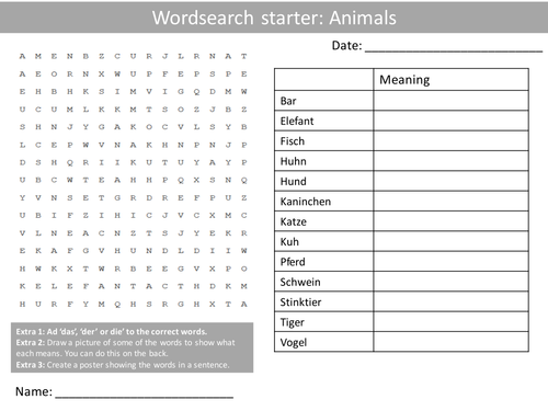 German Animals Keywords KS3 GCSE Starter Activities Wordsearch, Anagrams Alphabet Crossword Cover
