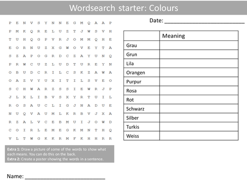 German Colours Keywords KS3 GCSE Starter Activities Wordsearch, Anagrams Alphabet Crossword Cover