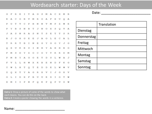 German Days Of The Week KS3 GCSE Starter Activities Wordsearch, Anagrams Alphabet Crossword Cover