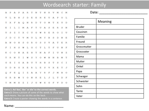 German Family Keywords KS3 GCSE Starter Activities Wordsearch, Anagrams Alphabet Crossword Cover