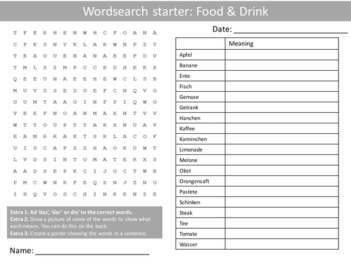 German Food and Drink KS3 GCSE Starter Activities Wordsearch, Anagrams Alphabet Crossword Cover