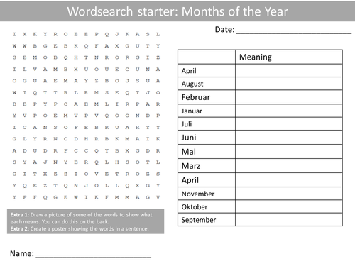 German Months of the Year KS3 GCSE Starter Activities Wordsearch, Anagrams Alphabet Crossword Cover
