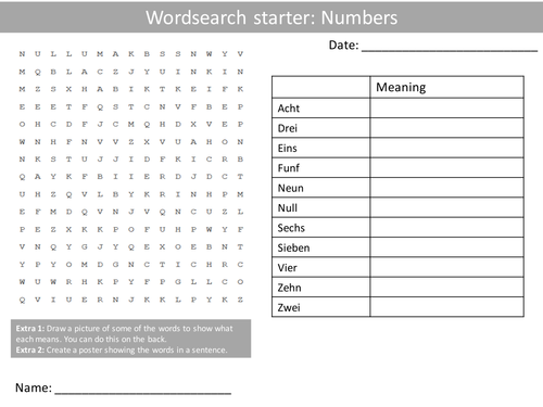 German Numbers Keywords KS3 GCSE Starter Activities Wordsearch, Anagrams Alphabet Crossword Cover