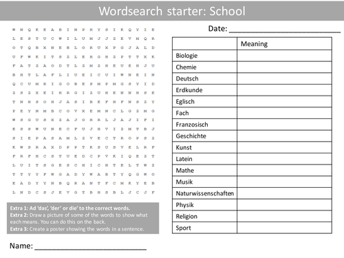 German School Keywords KS3 GCSE Starter Activities Wordsearch, Anagrams Alphabet Crossword Cover