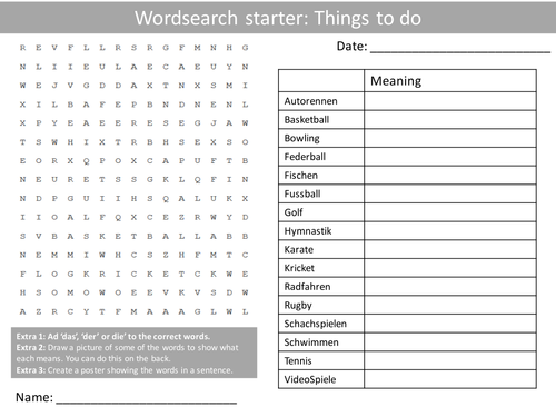 German Freetime Activities KS3 GCSE Starter Activities Wordsearch, Anagrams Alphabet Crossword Cover
