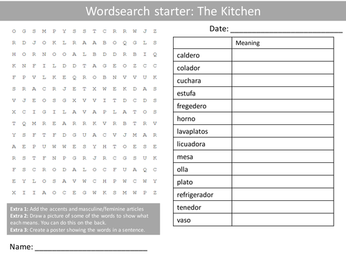 Spanish The Kitchen Keyword Wordsearch Crossword Anagrams Keyword ...