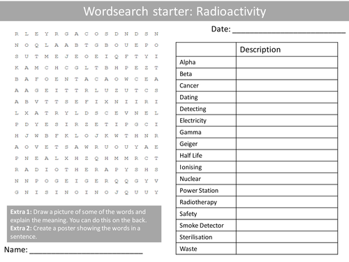Science Physics Radioactivity Wordsearch Crossword Anagrams Keyword Starters Homework or Cover