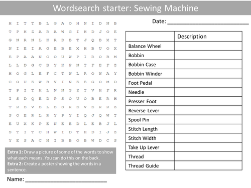 Design Technology Tools The Sewing Machine KS3 GCSE Wordsearch Crossword Alphabet Keyword Starter