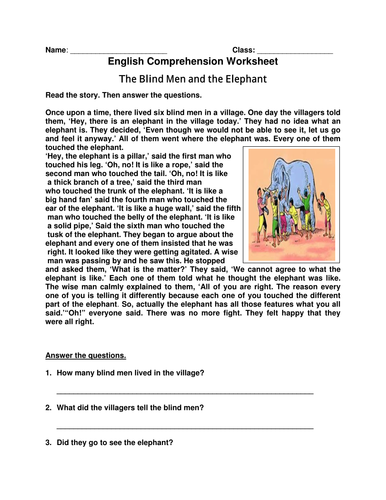 English Comprehension Worksheet 'The Blind Men and the Elephant'