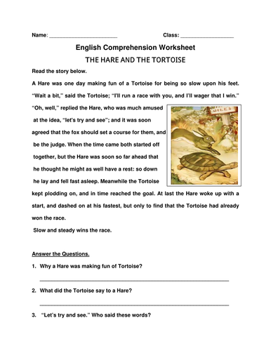 English Comprehension Worksheet 'The Hare And The Tortoise'