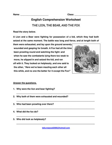 English Comprehension Worksheet 'The Lion, The Bear And The Fox'