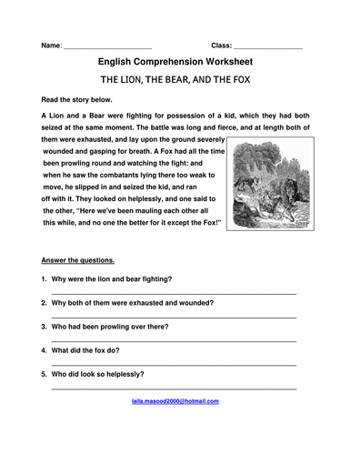 english grade 1 9th worksheets Comprehension 'The English The And Bear Lion, Worksheet