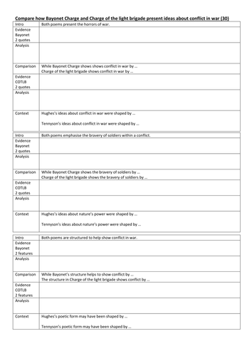 Comparing Bayonet Charge and Charge of the light brigade (lesson, writing frame, questions)