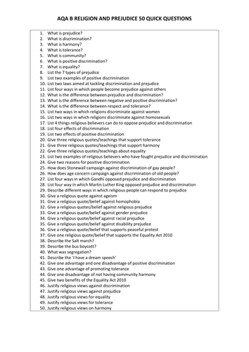 AQA RS SPEC B UNIT 2 RELIGION AND PREJUDICE 50 QUICK QUESTIONS